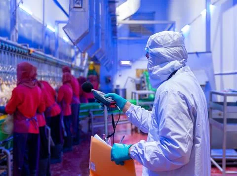 Quality control inspector in white PPE using a handheld sound level meter t.. Stock Photos