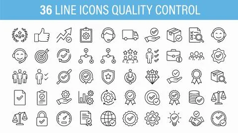 Quality control line icons set for business and technology applications. Иллюстрация