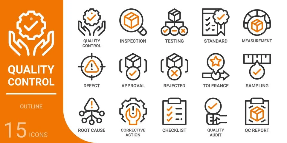Quality control outline icon set,15 vector icons Иллюстрация
