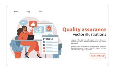 Quality Control in Project Management set. Manager reviewing performance. Illustrazione stock