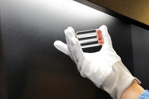 Quality Control vials for injection. Individual checks vial under a microscop Stock Photos