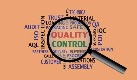 Quality Control with word background and magnifier glass Stock Illustration