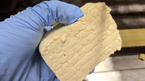 Quality control worker in gloves inspecting texture of fresh tofu block Stock-Footage 331719799