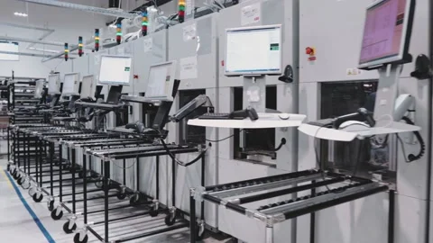 Quality Controls Checking Microchips for details Electronic Factory interior Stock Footage 142136420