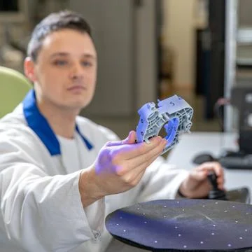 Quality engineer examines a sample scanned with a laser on a 3d scan in a Stock Photos