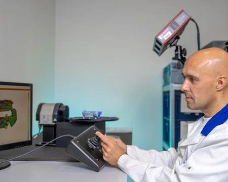 Quality engineer examines a sample scanned with a laser on a 3d scan in a Stock Photos