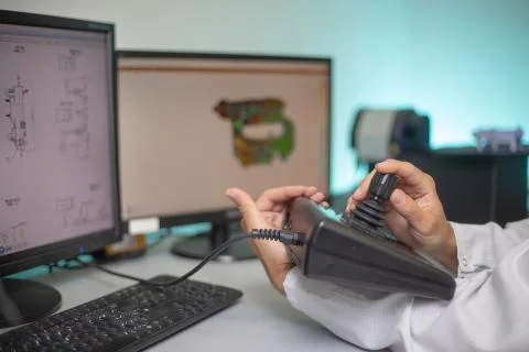 Quality engineer, scanning components by professional optical 3D scanner with a 写真素材