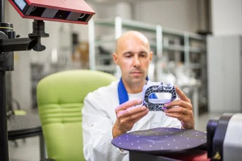 Quality engineer scanning some moldings component by professional optical 3D Stock Photos