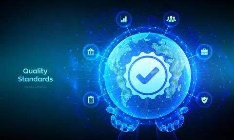 Quality. ISO standards, quality control, assurance, warranty. ISO certifica.. Stock Illustration