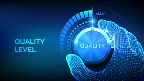 Quality levels knob button. Wireframe hand turning a quality level knob to th Stock Illustration