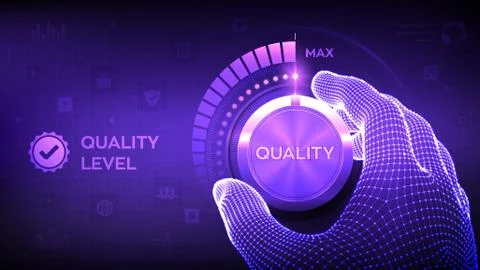 Quality levels knob button. Wireframe hand turning a quality level knob to th Stock Illustration