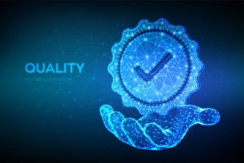 Quality. Low polygonal Quality icon check in hand. Standard Quality Control C Stock Illustration