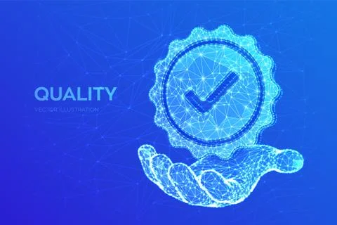 Quality. Low polygonal Quality icon check in hand. Standard Quality Control C Illustrazione stock
