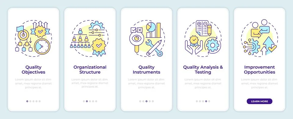 Quality management system elements onboarding mobile app screen 스톡 일러스트