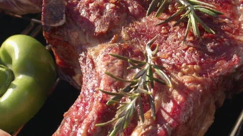 Quality meat cuts on a grill accompanied by vegetables Stock Footage 154214459