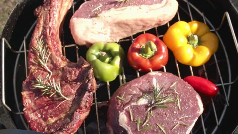Quality meat cuts on a grill accompanied by vegetables Stock Footage 154214479