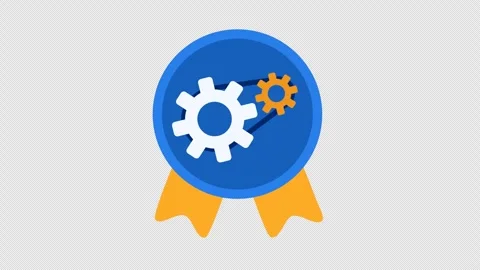 Quality process award badge icon in cartoon animation. Gears of success medal Stock Footage 313139533