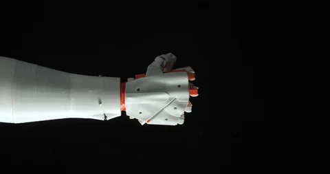 Quality smart robotic programmed prosthesis hand shows rock gesture and victory Stock Footage 106221473