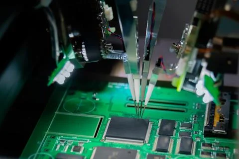 Quality testing of printed circuit boards - flying probe test at factory Foto stock