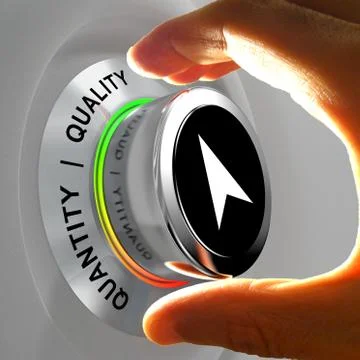Quality versus Quantity. Hand adjusting the level of items. Illustrazione stock