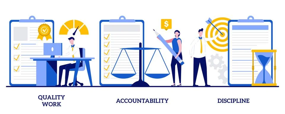 Quality work, accountability, discipline concept with tiny people. Task and.. Stock Illustration