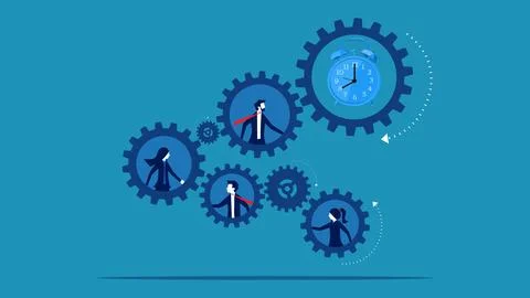 Quality of work time. Team of businessmen on wheels, gears and clocks Stock Illustration