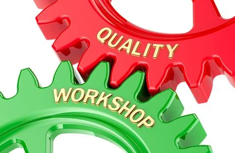 Quality Workshop concept with colored gearwheels. 3D rendering Illustrazione stock