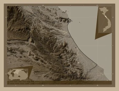 Quang Binh, Vietnam. Elevation map colored in sepia tones with lakes and rive 스톡 일러스트