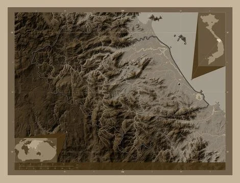 Quang Nam, Vietnam. Elevation map colored in sepia tones with lakes and river Stock Illustration