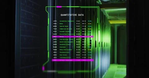 Quantitative data analysis image over server room with green and purple Stock Photos