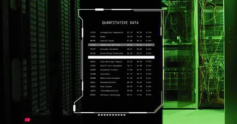Quantitative data image over server room with green lighting Stock Photos