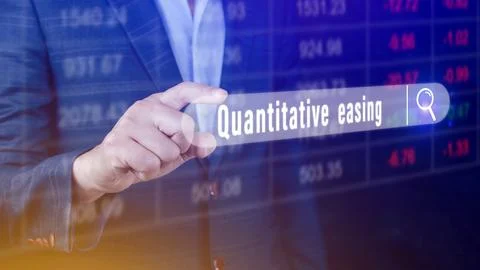 Quantitative easing written in search bar with the financial data visible o.. Stock Photos