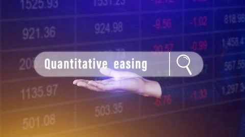 Quantitative easing written in search bar with the financial data visible o.. Stock Photos