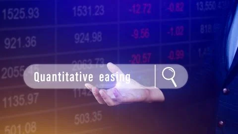 Quantitative easing written in search bar with the financial data visible o.. Stock Photos