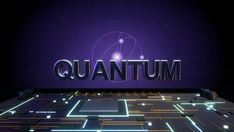 QUANTUM 3D Text with an Atomic Orbit on a Circuit Board Stock Illustration