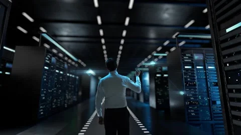 Quantum AI Insights. IT Administrator Activating Modern Data Center Server with Stock Footage 280197112