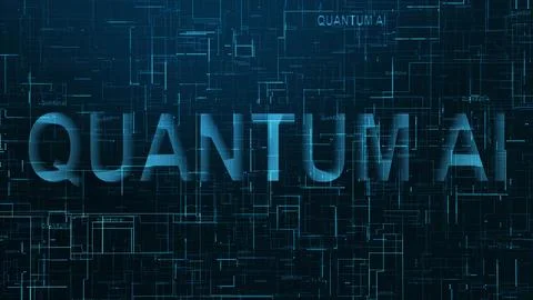 Quantum AI text technology data line blue color Illustrazione stock