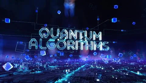 Quantum algorithms- businessman working with virtual reality at night office. Stock Photos