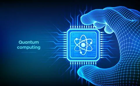 Quantum chip in hand. Quantum computing technology. Quantum processor with qu Stock Illustration
