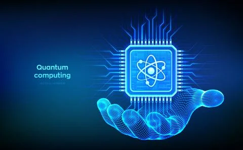 Quantum chip in hand. Quantum computing technology. Quantum processor with .. Stock Illustration