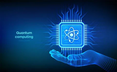 Quantum chip in hand. Quantum processor with qubit superposition. Quantum c.. Stock Illustration