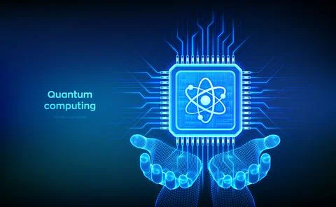 Quantum chip in hands. Quantum processor with qubit superposition. Quantum co Stock-Illustration