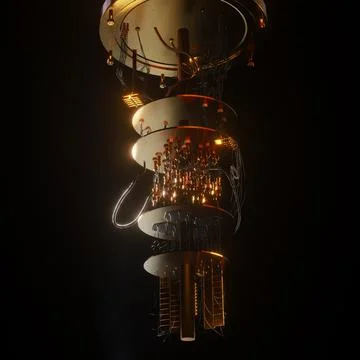 Quantum computer, 3D visualization on a black background. New technologies Illustrazione stock