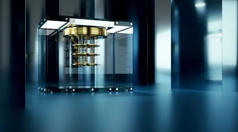 Quantum computer in an abstract blue room 스톡 일러스트