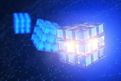 Quantum computer. Blockchain technology concept. Big data. Neural networks... Illustrazione stock