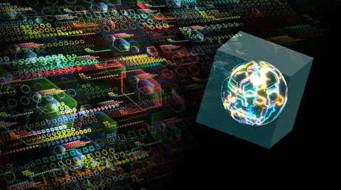 Quantum computer in the cube futuristic technology digital orange green yello Stock Illustration