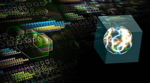 Quantum computer in the cube futuristic technology digital dimension holograp Stock Illustration