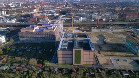 Quantum computer in datacenter building facility. Amazing aerial view drone Stock Footage 325438326