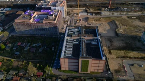 Quantum computer in datacenter building facility. Magic aerial view drone Stock Footage 325438358