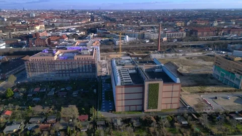 Quantum computer in datacenter building facility. Unique aerial view drone Stock Footage 325438931